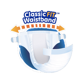 ClassicFIT Waistband - Comfortably fits your growing baby for ease of movement and leakage protection.