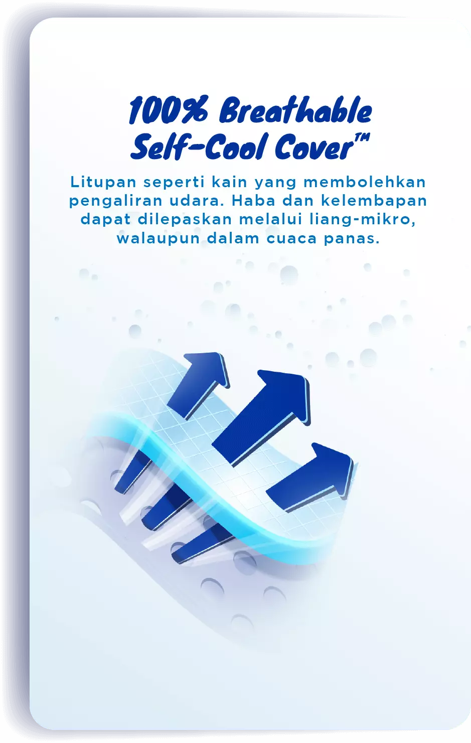 100% Breathable Self-cool Cover™: Litupan seperti kain yang membolehkan pengaliran udara. Haba dan kelembapan dapat dilepaskan melalui liang-mikro, walaupun dalam cuaca panas.