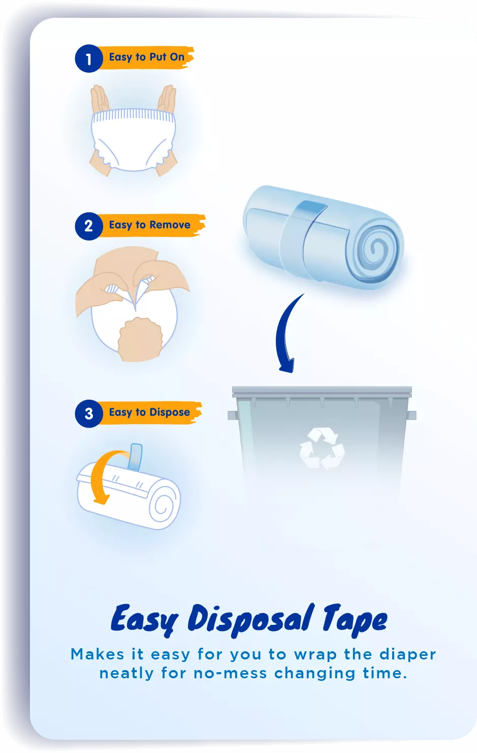 Easy Disposal Tape: Makes it easy for you to wrap the diaper neatly for no-mess changing time.