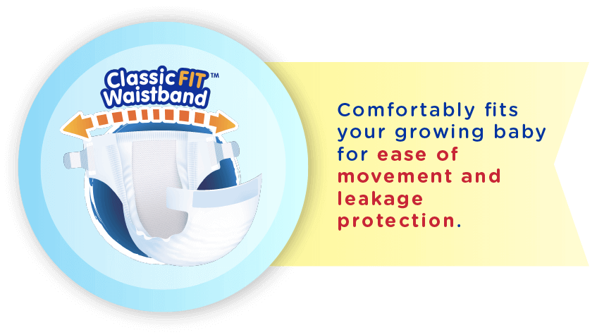 ClassicFIT Waistband - Comfortably fits your growing baby for ease of movement and leakage protection.