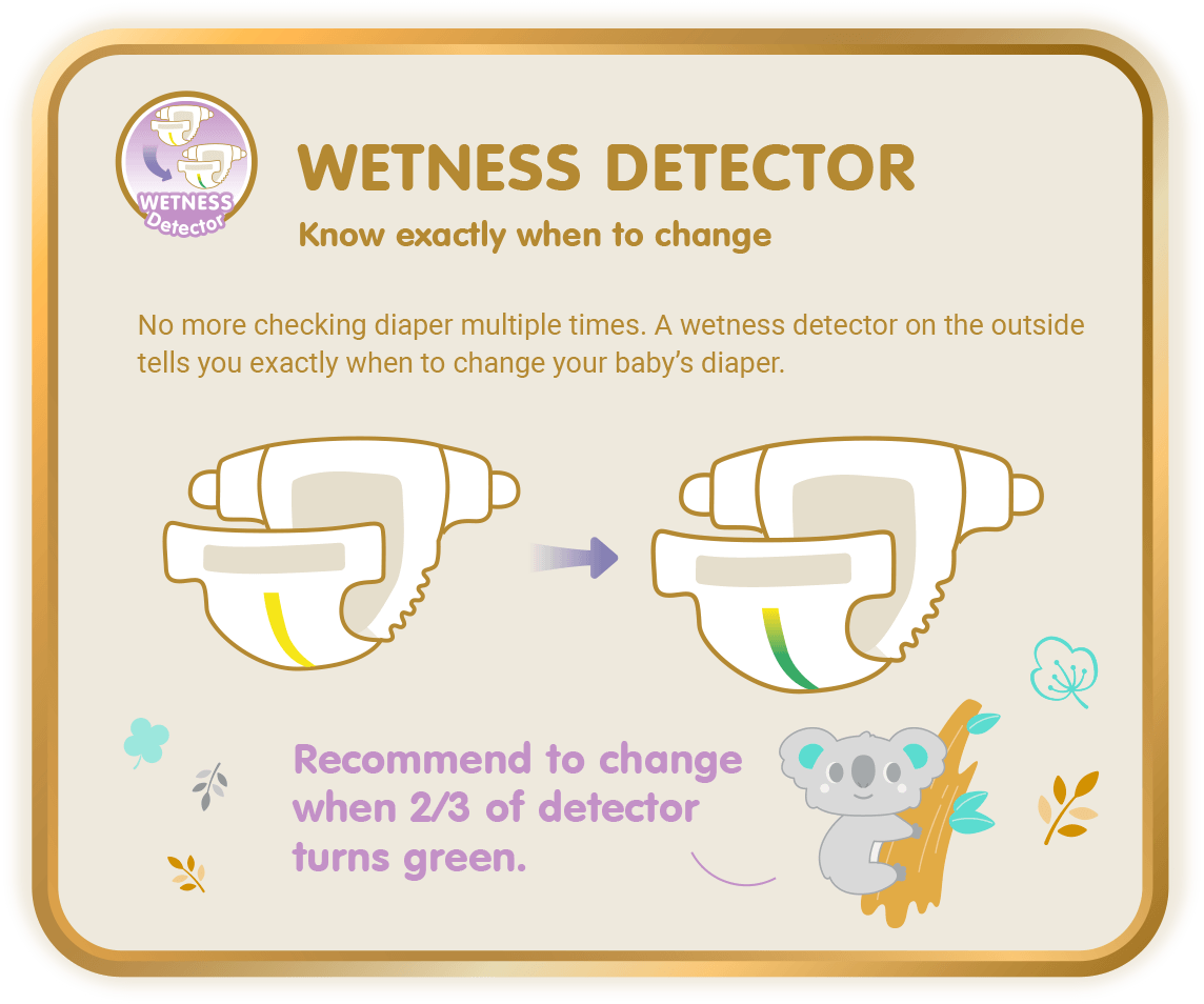 Wetness Detector, Know exactly when to change: No more checking diaper multiple times. A wetness detector on the outside tells you exactly when to change your baby’s diaper.