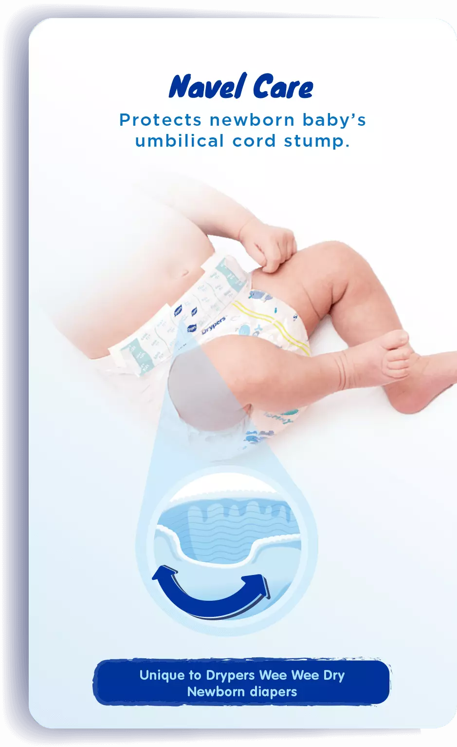 Navel Care: Protect newborn baby's umbilical cord stump. | Unique to Drypers Wee Wee Dry Newborn diapers