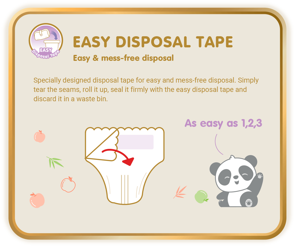 Easy Disposal Tape, Easy & mess-free disposal: Specially designed disposal tape for easy and mess-free disposal. Simply tear the seams, roll it up, seal it firmly with the easy disposal tape and discard it in a waste bin. (*Only applicable to Skinature Pants by Drypers.)